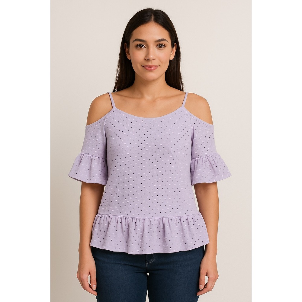 Michael Kors Cold Shoulder Eyelet Ruffle Hem Top Size Sβ Light Purple NWT